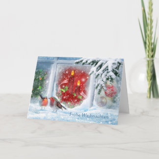 Candles, poinsettias, robins and German Christmas Holiday Card