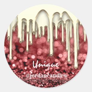 Candles Small BusIness Name Burgundy Gold Drip Classic Round Sticker