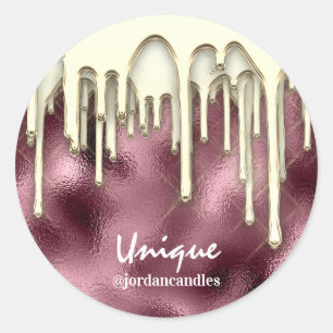 Candles Small BusIness Name Gold Drips Burgundy Classic Round Sticker