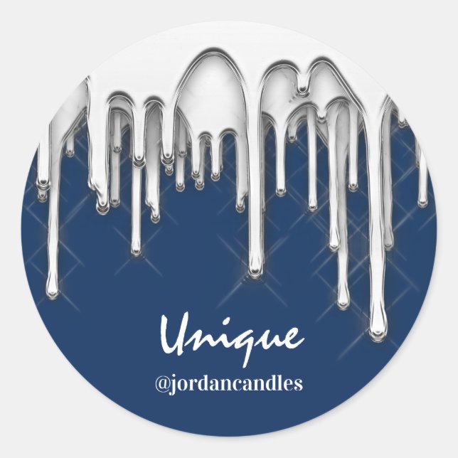 Candles Small BusIness Name Silver Grey Drips Classic Round Sticker (Front)