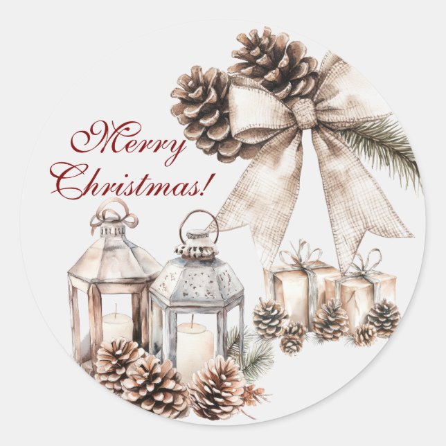 Candles Snow Pine Cones Christmas Classic Round Sticker (Front)