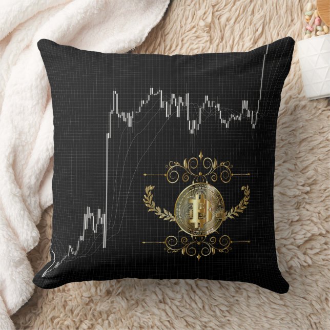 Candlestick Chart With Bitcoin Gold Coin Throw Pillow (Blanket)