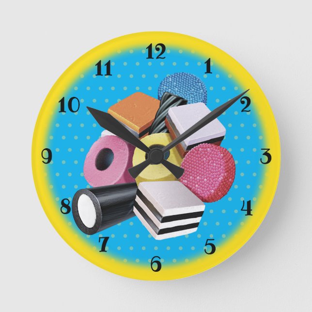 Candy Allsorts. Large wall clock. Yellow & blue. Round Clock (Front)