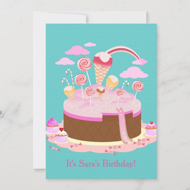 Candy and chocolate cake birthday party invitation (Front)