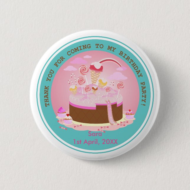 Candy and chocolate cake for birthday party 2 inch round button (Front)