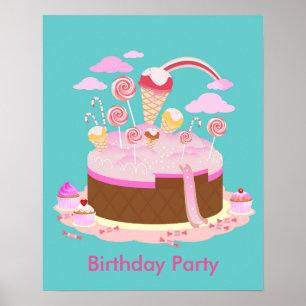 Candy and chocolate cake for birthday party poster