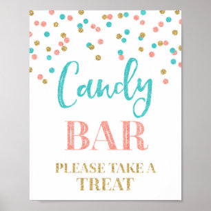 Candy Bar Wedding Sign Gold Teal Coral Confetti