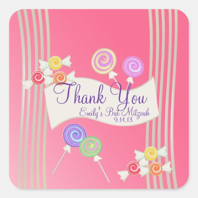 Candy Bat Mitzvah Favour Thank You Watermelon Pink Square Sticker (Front)