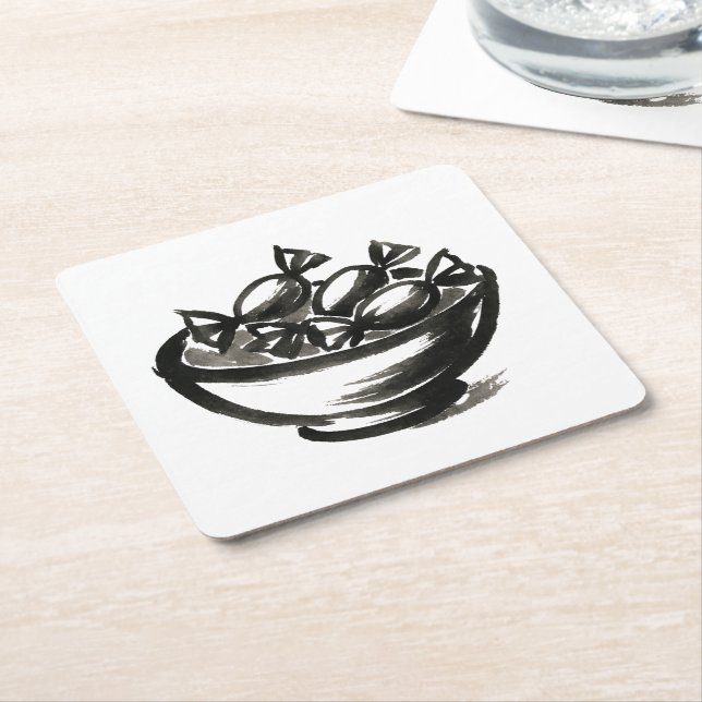 Candy Bowl – Ink Brush Halloween Illustration on Square Paper Coaster (Angled)