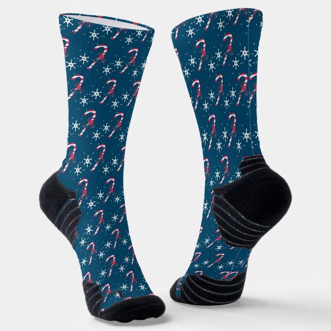 Candy Cane and Berry Snowflakes Christmas Pattern Socks (Angled)