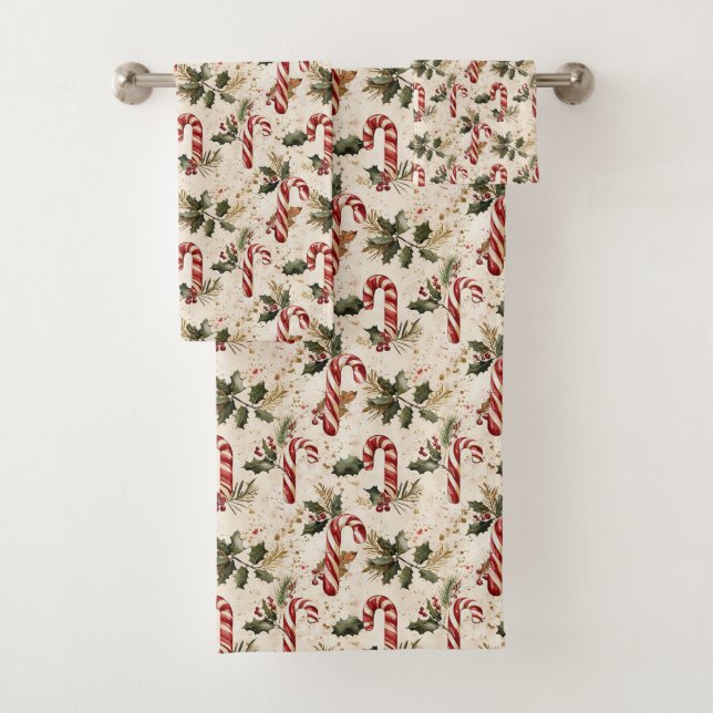 Candy Cane and Poinsettia Christmas Pattern Bath Towel Set (Insitu)