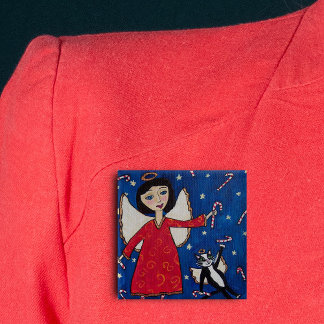 Candy Cane Angel Cat Folk Art Christmas 2 Inch Square Button