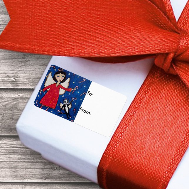 Candy Cane Angels Christmas Gift Tag (Angel floating in sky with candy canes and cat angel on Christmas gift tag labels.)