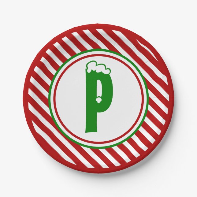 Candy Cane Basics Red/White Monogram  Paper Plate (Front)