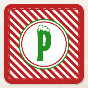 Candy Cane Basics Red/White Monogram  Square Paper Coaster