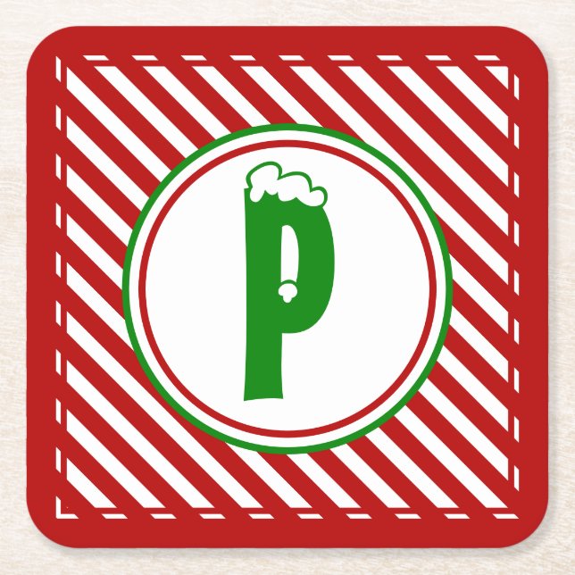 Candy Cane Basics Red/White Monogram  Square Paper Coaster (Front)