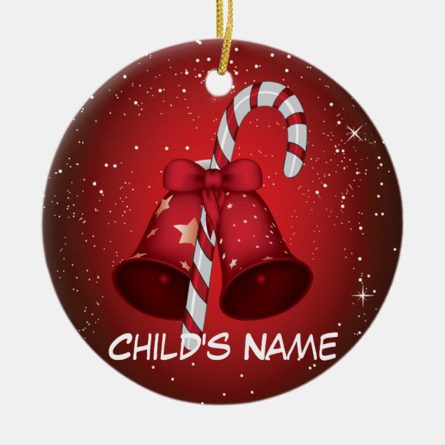 Candy Cane Bells Ceramic Ornament (Front)