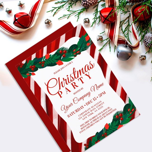 Candy Cane Berry Leaves Corporate Christmas Invita Invitation (Creator Uploaded)