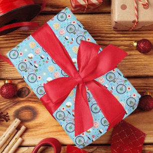 Candy Cane Bicycle with Christmas Treats Blue Wrapping Paper