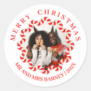 Candy Cane Border Christmas Photo Holiday Classic Round Sticker