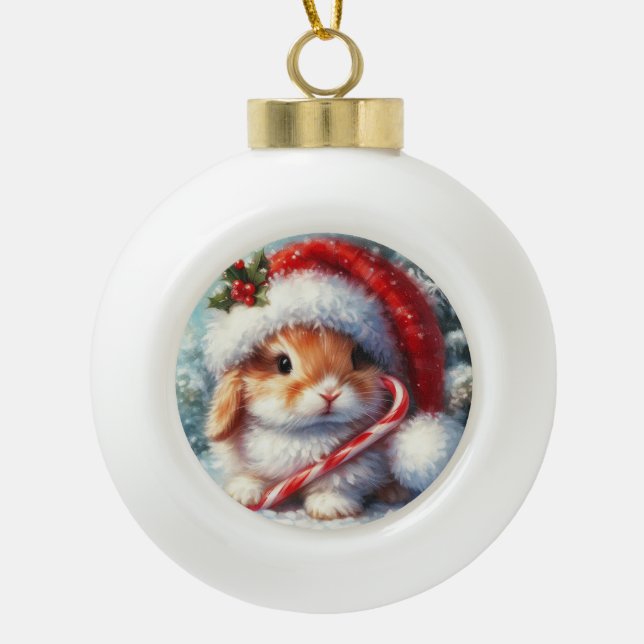 Candy Cane Bunny Rabbit  Ceramic Ball Christmas Ornament (Front)
