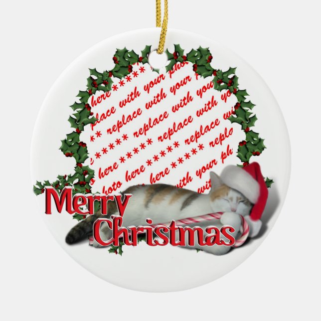 Candy Cane Cat Christmas Photo Frame Ceramic Ornament (Front)