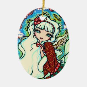 Candy Cane Christmas Angel Fairy Art Ceramic Ornament