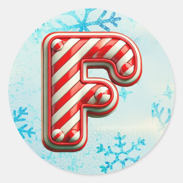 Candy Cane Christmas "F" Sticker, Festive Stripes Classic Round Sticker (Front)