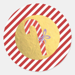 Candy Cane Christmas Holiday Red Stripes Gold Foil Classic Round Sticker