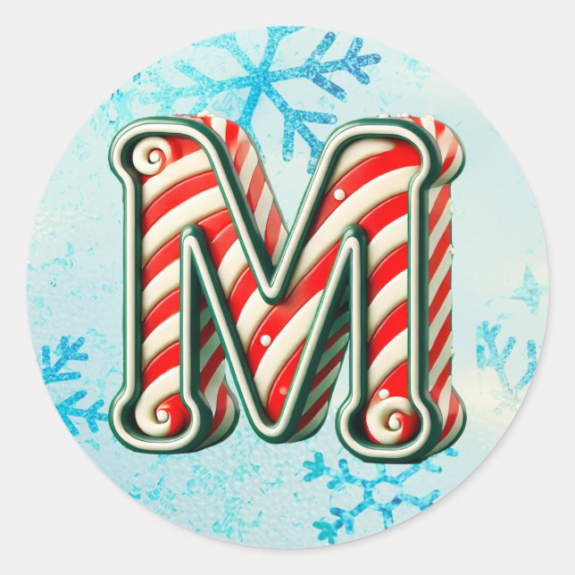 Candy Cane Christmas "M" Sticker, Festive Stripes Classic Round Sticker (Front)