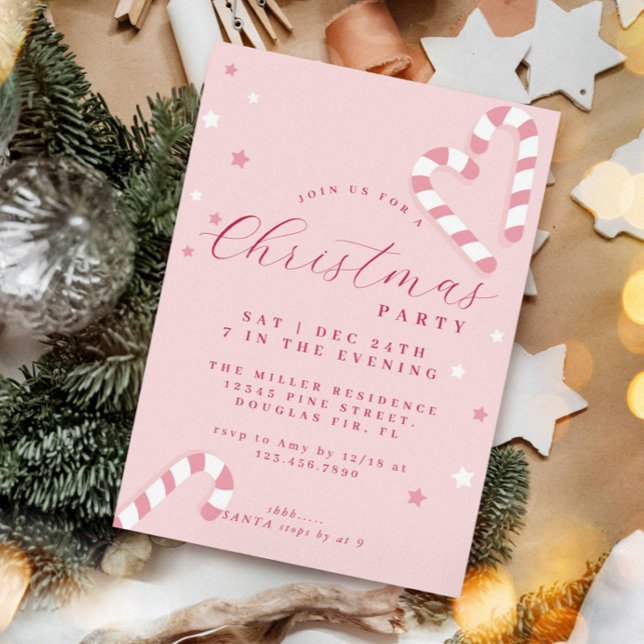 Candy Cane Christmas Party Invitation Pink (Creator Uploaded)