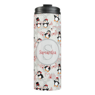 Candy Cane Christmas Penguins Personalized Name Thermal Tumbler