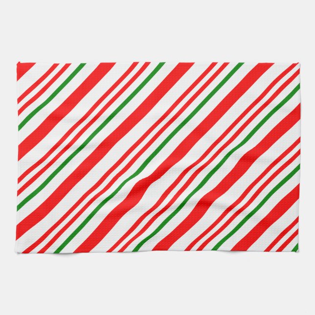 Candy Cane Christmas Red Green Stripes Pattern Kitchen Towel (Horizontal)