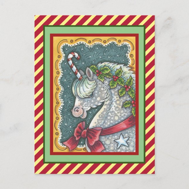 CANDY CANE CHRISTMAS UNICORN, HOLIDAY PONY FANTASY POSTCARD (Front)