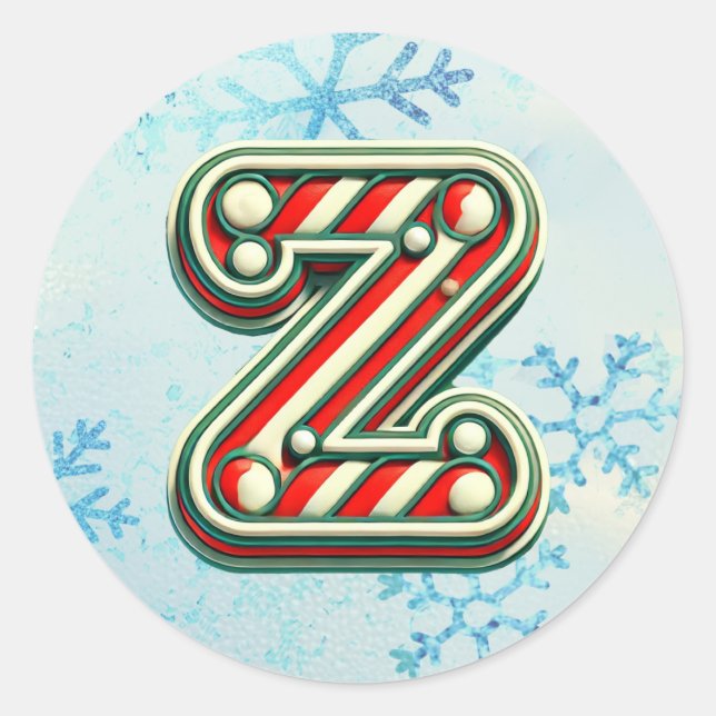 Candy Cane Christmas "Z" Sticker, Festive Stripes Classic Round Sticker (Front)