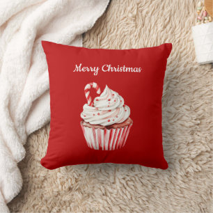 Candy Cane Cupcake Christmas Throw Pillow