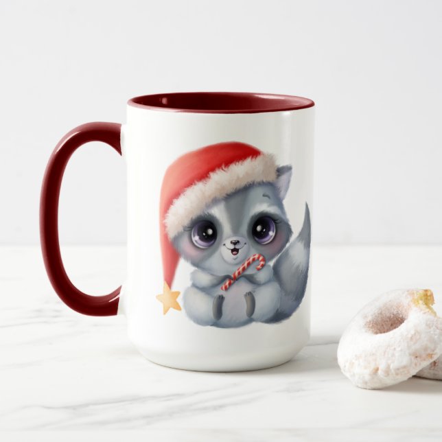 Candy Cane Cutie Raccoon Christmas Coffee Mug (With Donut)