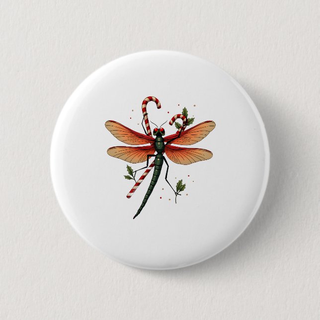 Candy Cane Dragonfly 2 Inch Round Button (Front)