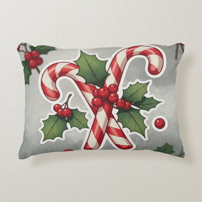 Candy Cane Duo With Holly And Berries Accent Pillow (Front)