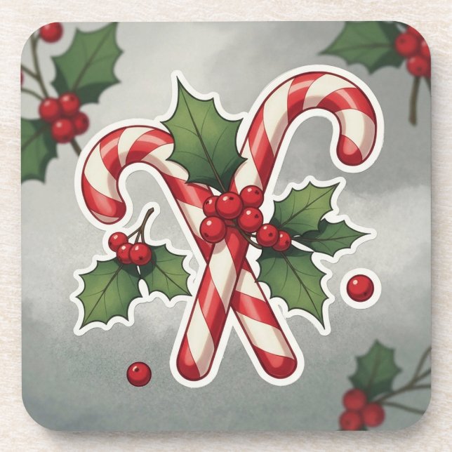 Candy Cane Duo With Holly And Berries Coaster (Front)