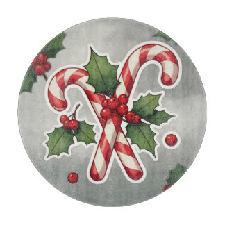 Candy Cane Duo With Holly And Berries Cutting Board