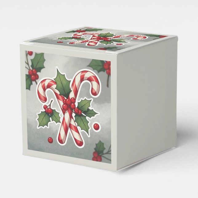 Candy Cane Duo With Holly And Berries Favor Box (Front Side)