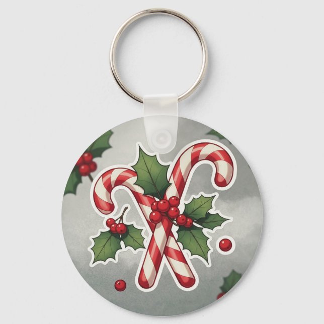 Candy Cane Duo With Holly And Berries Keychain (Front)