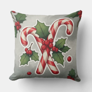 Candy Cane Duo With Holly And Berries Throw Pillow