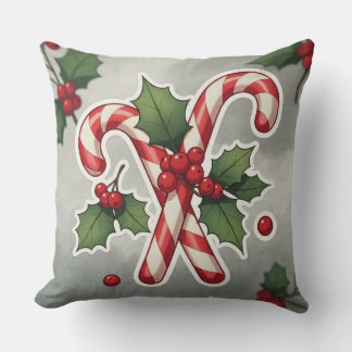 Candy Cane Duo With Holly And Berries Throw Pillow