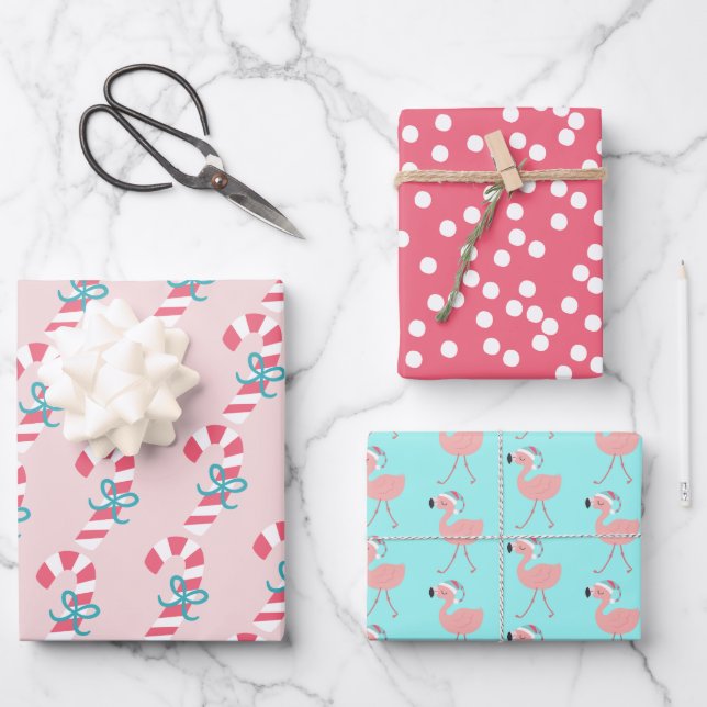 Candy Cane, Flamingos & dots Tropical Christmas Wrapping Paper Sheet (Front)