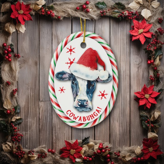 Candy Cane Frame Funny Cowabunga Cow Ceramic Ornament (Creator Uploaded)