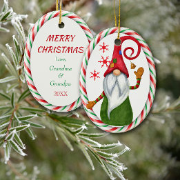 Candy Cane Frame Funny Gnome Ceramic Ornament
