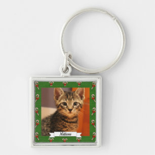 Candy Cane Green Frame Customizable Kitty Keychain