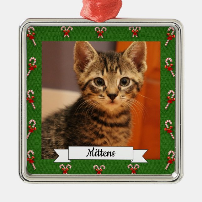 Candy Cane Green Frame Customizable Kitty Metal Ornament (Front)